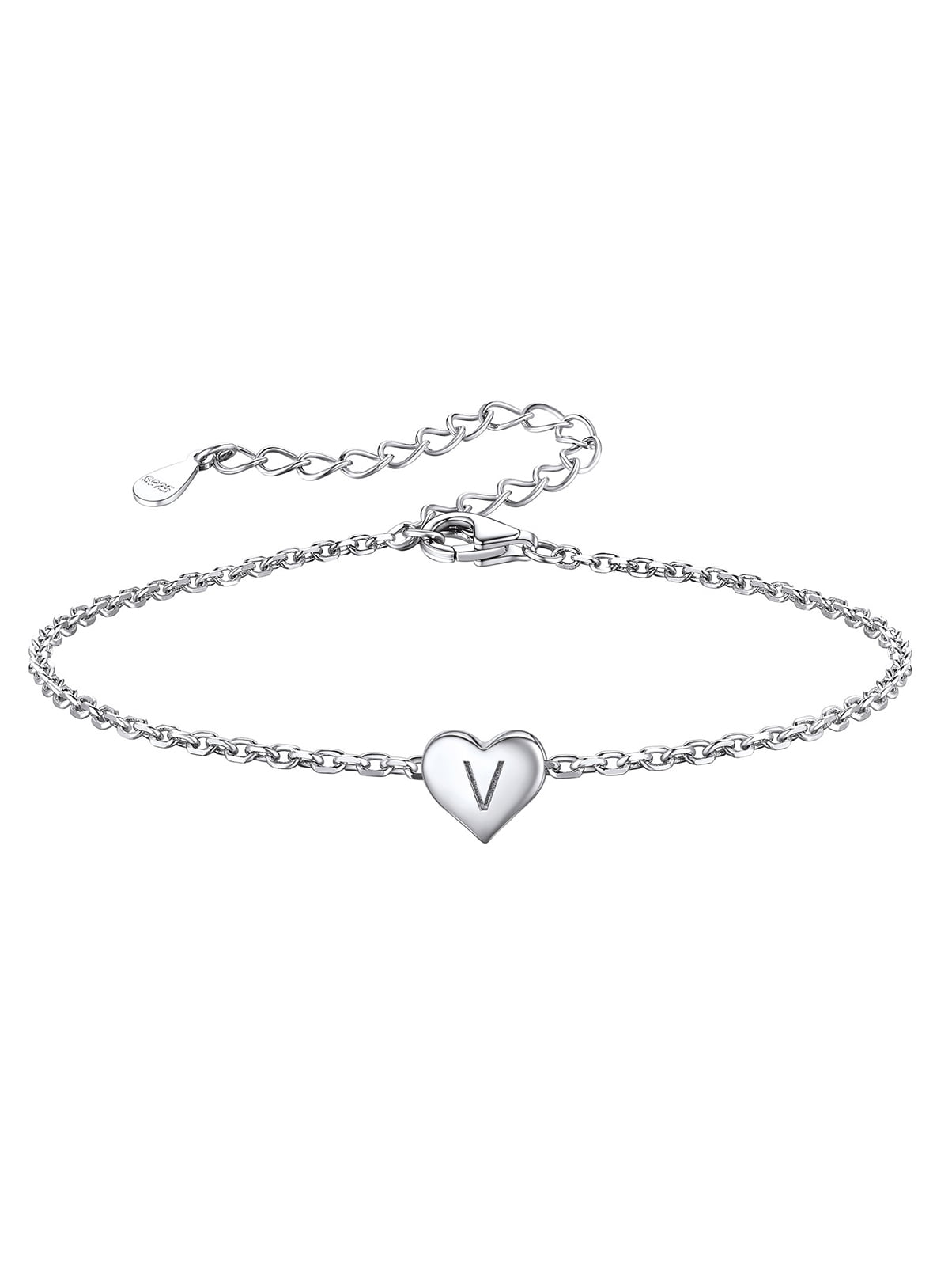 Silvora Elegant Heart Bracelet Women Sterling Silver Initial Letter V