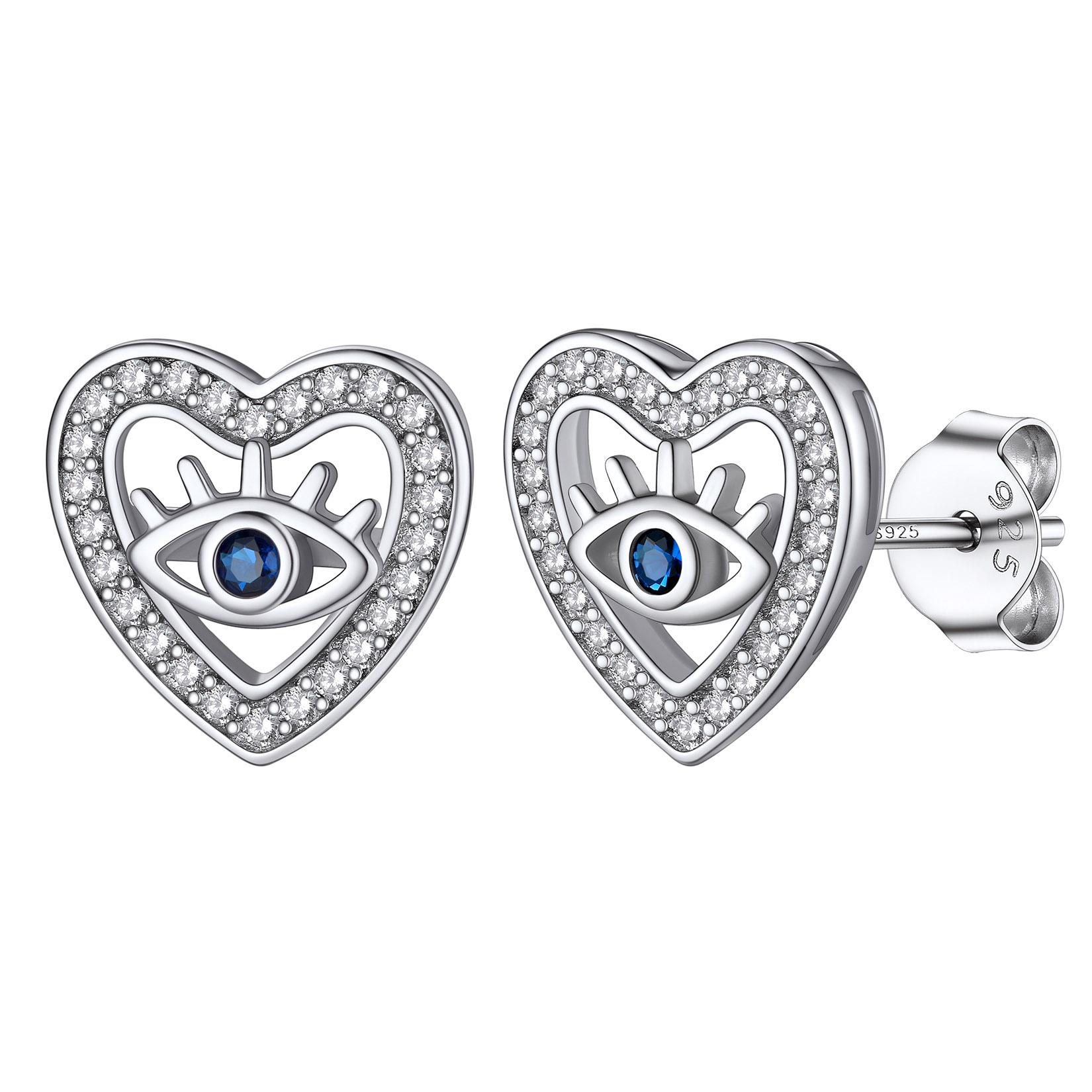 925 Sterling Silver Evil Eye Stud Earrings - Blue CZ With White Detail, Post Back