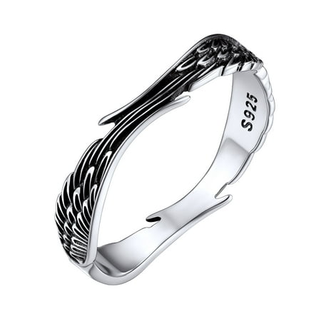 Silvora Feather Angel Wing 925 Sterling Silver Wedding Band Cool Ring Stacking Finger Ring for Women Men Size 9