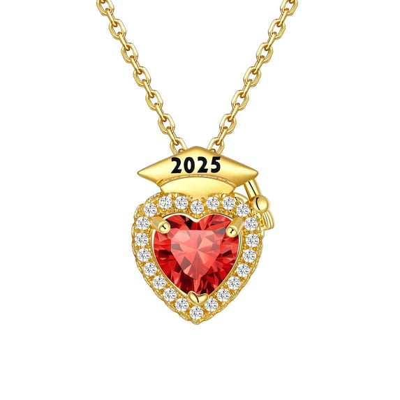 Silvora Gold Plated Graduation Necklace for Women 2025 Bachelor Cap Heart Ruby Birthstone Crystal Pendant Daughter Sister Gift for Her Charm Jewelry, July