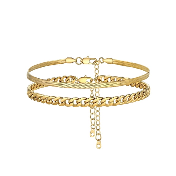 Silvora Gold Plated Layered Anklets for Women Stackable Flat Snakle and Cuban Link Chain Ankle Bracelet Set Adjustable Foot Chain Summer Beach Jewelry Gifts for Granddaughter Christmas