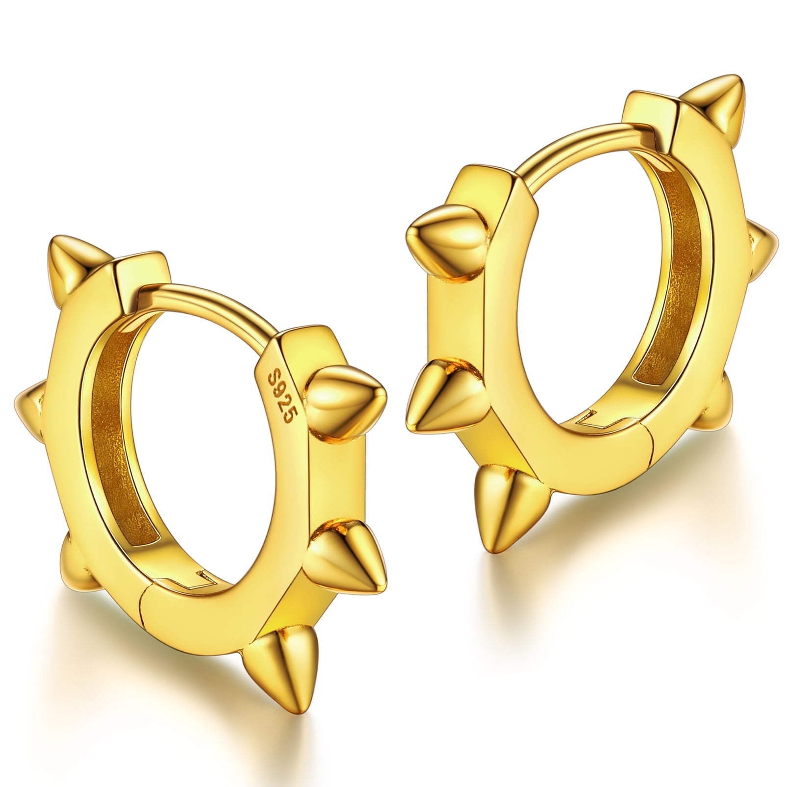 Silvora Gold Plated Small Huggie Hoop Earrings for Women Men Rivet Sterling Silver Punk Gothic Ear Hoops