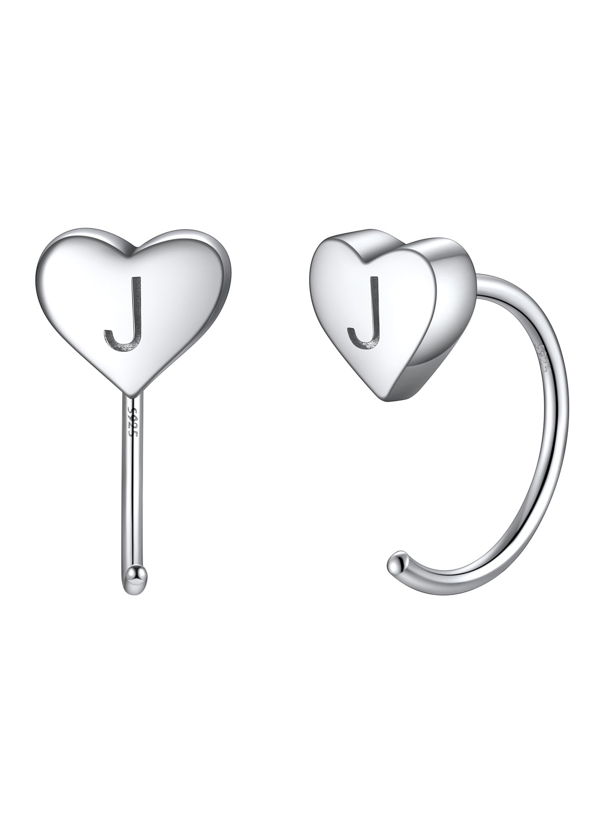 Silvora Half Hoop Earrings for Women Mini Heart Initial Cartilage Piercing Open Ear Charms, Letter J