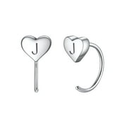 Silvora Half Hoop Earrings for Women Sterling Silver Heart Initial Earrings Minimalist Cartilage Piercing Open Huggie Ear Charms, Letter J