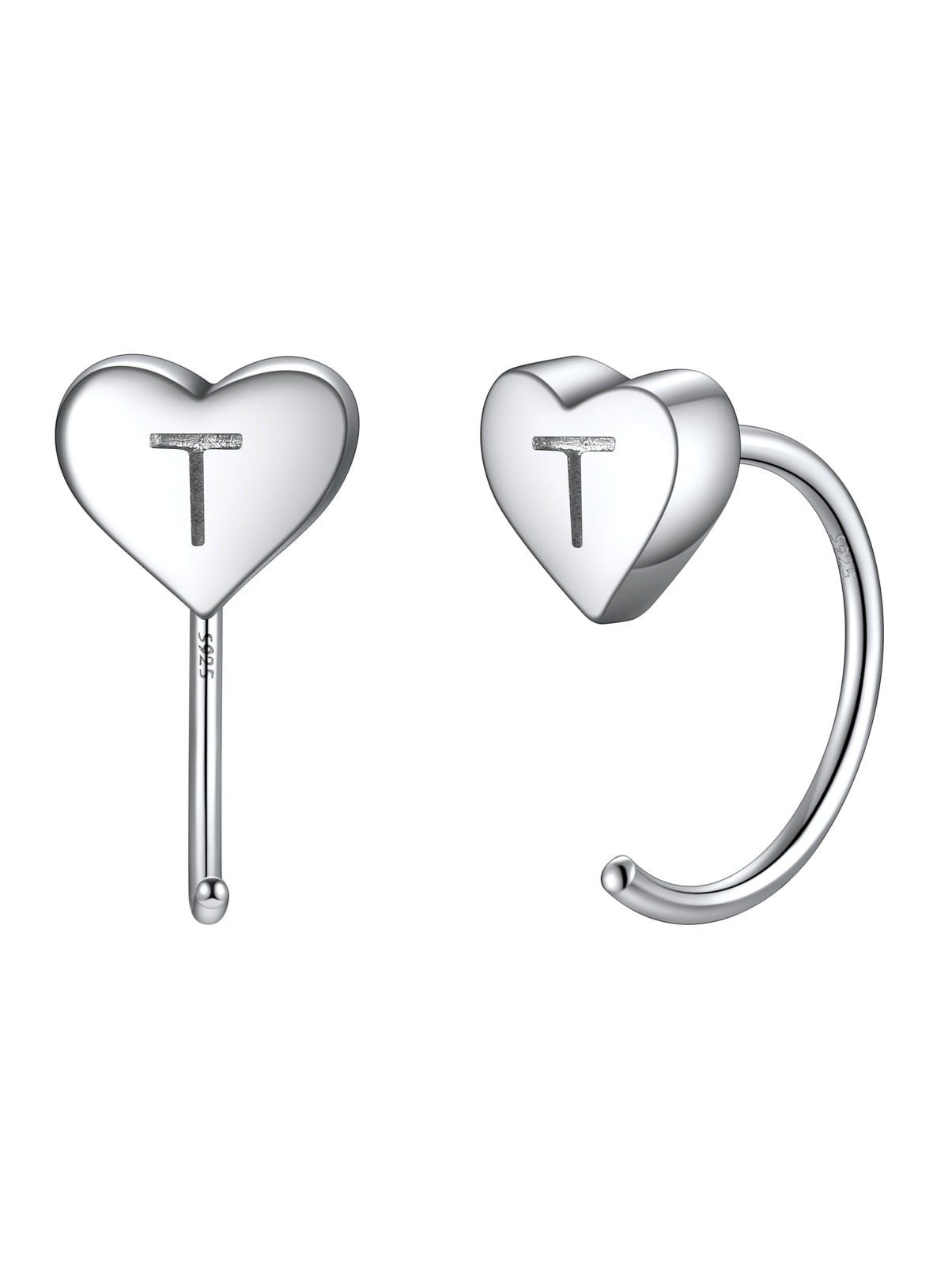 Silvora Half Hoop Earrings for Women Sterling Silver Heart Initial Earrings Minimalist Cartilage Piercing Open Huggie Ear Charms, Letter T