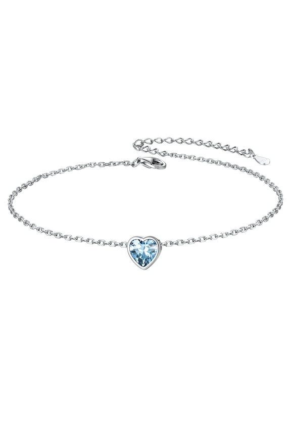 Heart Anklet Bracelet for Women March Blue Aquamarine Sterling Silver Anklet Summer Beach Foot Jewelry for Her Wife Daughter Mom