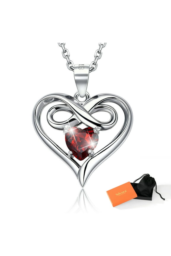 S925 Sterling Silver Necklace for Women Heart Infinity Birthstone Necklaces Red Garnet Pendant Birthday Christmas Anniversary Valentines Jewelry Gifts, January