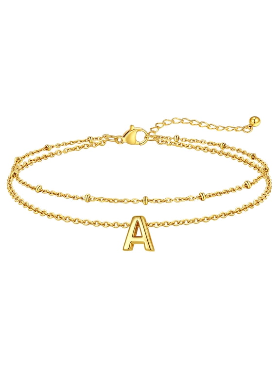 Initial Ankle Bracelet for Women Waterproof 14K Gold Plated Stainless Steel Layered Anklet Dainty Adjustable Foot Chain Summer Beach Jewelry Gifts for Daughter Birthday-Letter A