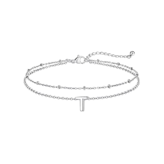 Silvora Initial Anklet for Women Silver Stainless Steel Layered Ankle Bracelet Dainty Adjustable Waterproof Foot Chain Summer Beach Jewelry Gifts for Sister Friends Niece-Letter T