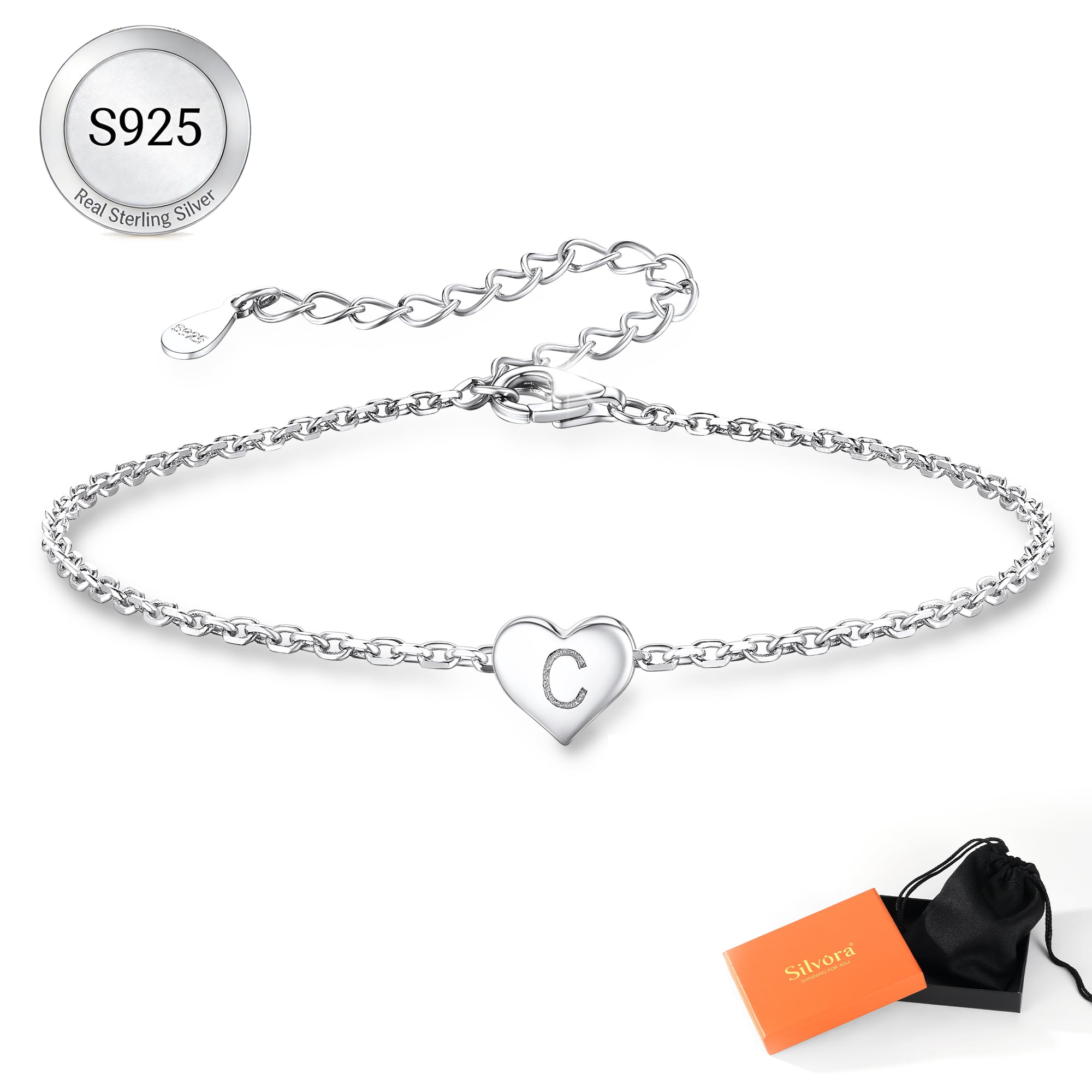 Silvora Initial C Bracelet for Women 925 Sterling Silver Letter Capital Heart Bracelets Jewelry Gift for Wife Daughter Birthday Christmas