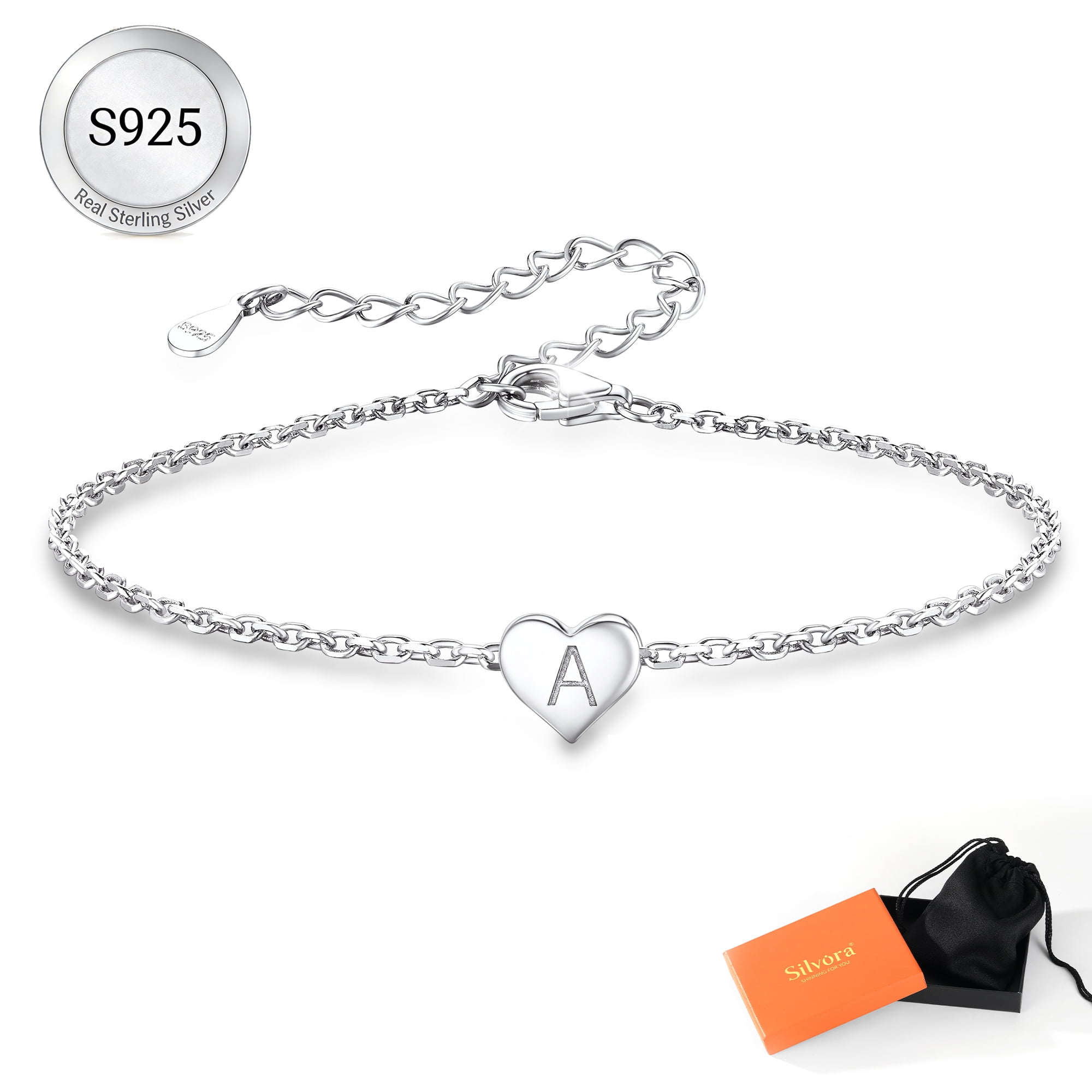 Silvora Initial Heart Bracelet for Women 925 Sterling Silver Chain Bracelets Charms Bracelets Birthday Anniversary Jewelry Gift for Daughter Girlfriend - Letter A