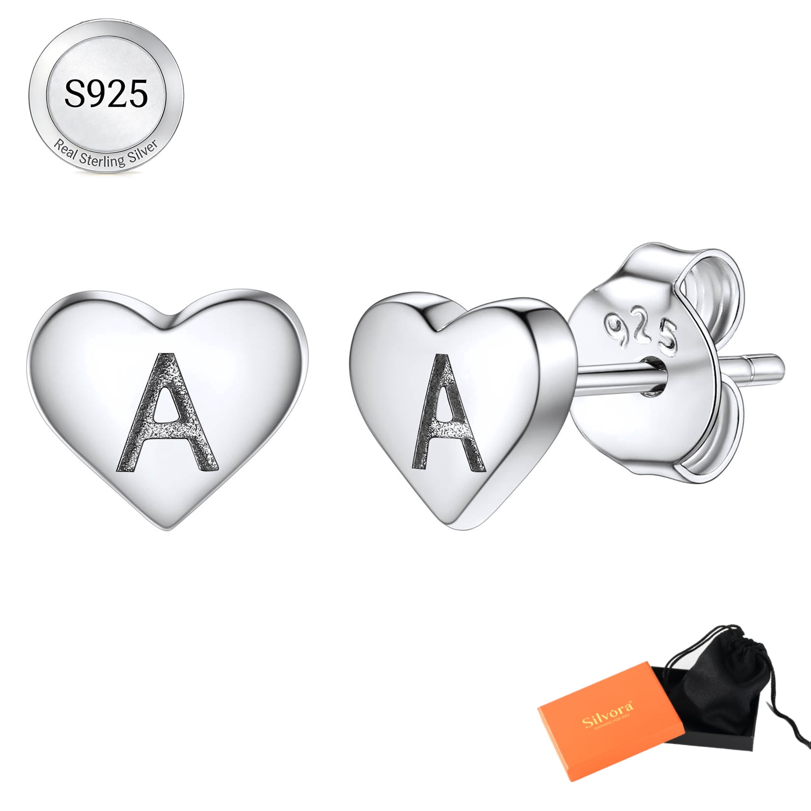 Silvora Initial Heart Stud Earrings for Women Sterling Silver Hypoallergenic Letter A Earrings Charm Mother Daughter Christmas Birthday Jewelry Gift