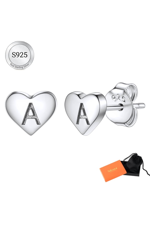 Initial Heart Stud Earrings for Women Sterling Silver Hypoallergenic Letter A Earrings Charm Mother Daughter Christmas Birthday Jewelry Gift