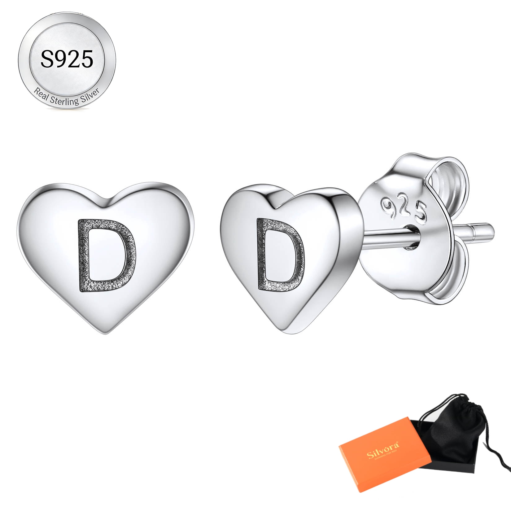 Silvora Initial Heart Stud Earrings for Women Sterling Silver Hypoallergenic Letter D Earrings Charm Mother Daughter Christmas Birthday Jewelry Gift