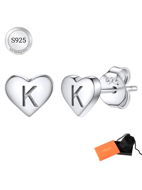 Sterling Silver Heart Stud Earrings, Hypoallergenic Letter K Jewelry for Women, Gift for Birthday