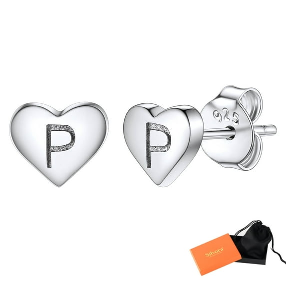 Silvora 925 Sterling Silver Stud Earrings for Women Initial Heart with Letter P, Daughter Wife Girlfriend Birthday Christmas Jewelry Gifts