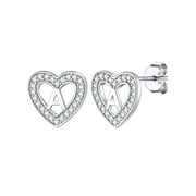 Silvora Sterling Silver Earrings for Girls A-Z Letter Initial Earrings Women Cubic Zirconia Heart Studs Gift for Birthday Christmas