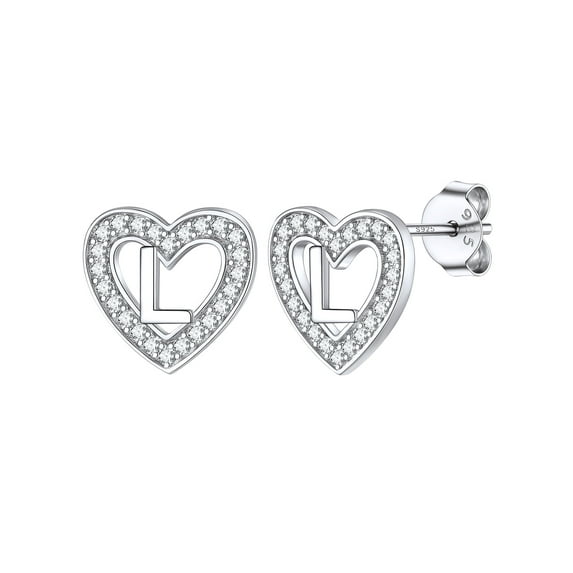 Silvora Letter Sterling Silver Earrings A-Z Initial Earrings Women Cubic Zirconia Heart Studs Gift for Valentines Mothers Day