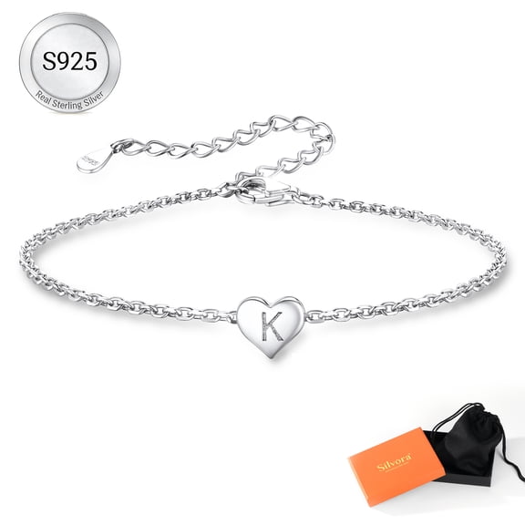 Silvora Initial K Bracelet Women Sterling Silver Letter Silver Heart Bracelets for Sister Friends