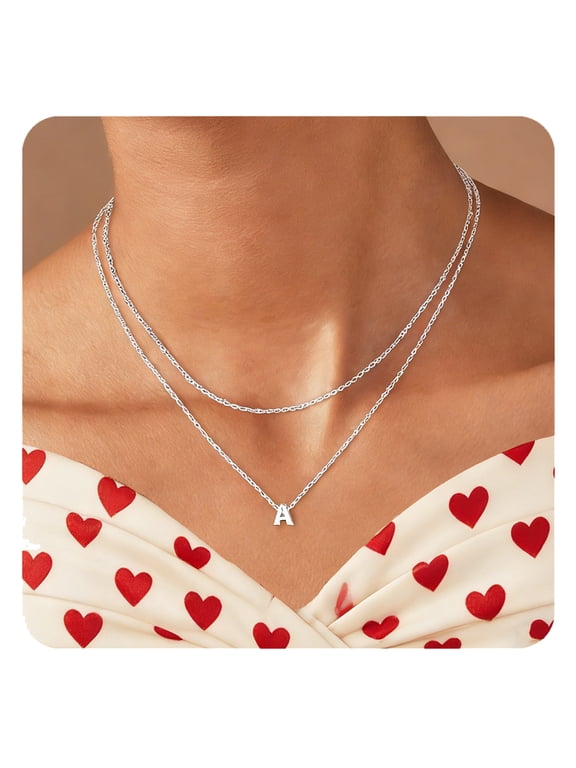 Silver Layered Letter A Initial Pendant Necklaces for Women Stackable Layer Necklace Delicate Jewelry Birthday Christmas Valentines Gifts for Her