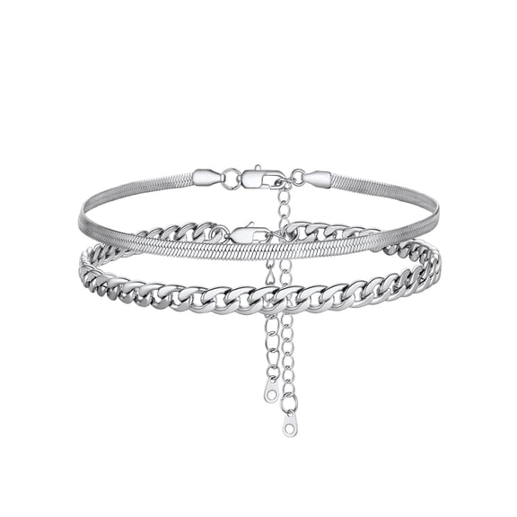 Silvora Layered Anklets for Women Silver Stainless Steel Stackable Flat Snakle Cuban Link Chain Ankle Bracelet Set Adjustable Foot Chain Waterproof Summer Beach Boho Jewelry Gifts for Mom Daughter