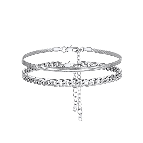Silvora Layered Anklets for Women Silver Stainless Steel Stackable Flat Snakle Cuban Link Chain Ankle Bracelet Set Adjustable Foot Chain Waterproof Summer Beach Boho Jewelry Gifts for Mom Daughter