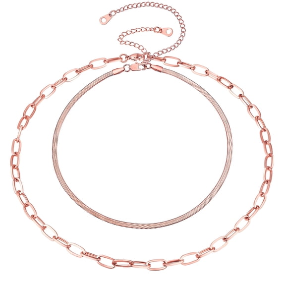 Silvora Layered Chain Necklaces Set for Women Rose Gold Plated Fashion Herringbone Paperclip Choker Necklace Stainless Steel Flat Snake Chain Jewelry Gifts for Mom Wife Valentine's Day
