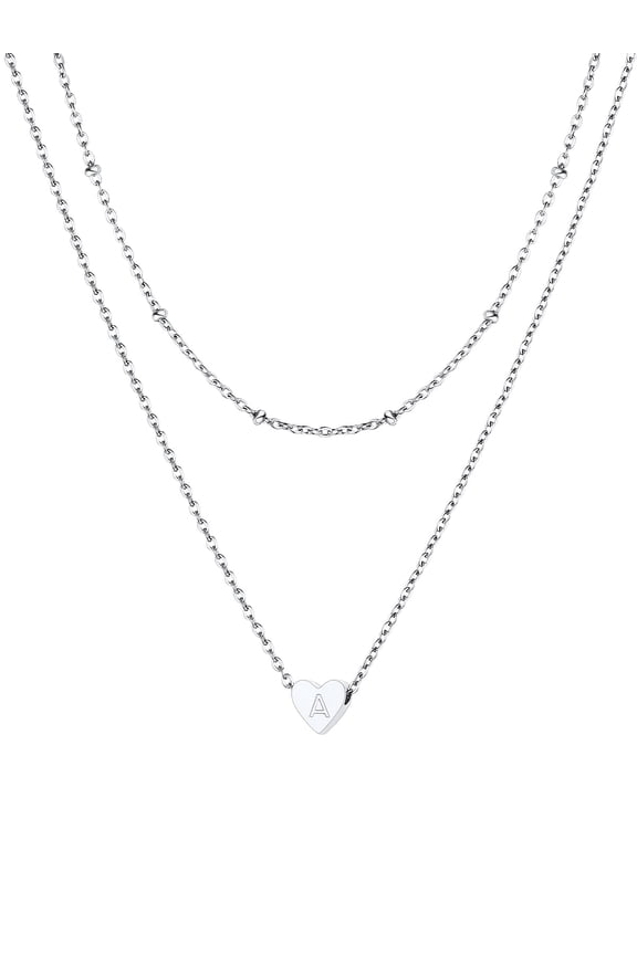 Layered Initial Choker Necklaces for Women Minimalist Tiny Heart Capital Letter A Pendant Stainless Steel Silver Beaded Chain Jewelry Gifts for Granddaughter Sister Friends Christmas