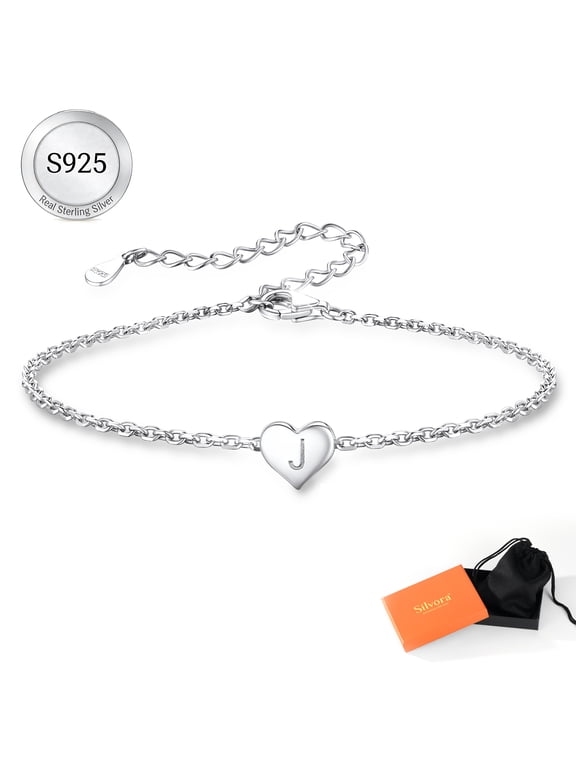 925 Sterling Silver Bracelets for Women Initial Heart Charm Bracelet with Letter J, Daughter Wife Girlfriend Birthday Christmas Jewelry Gifts