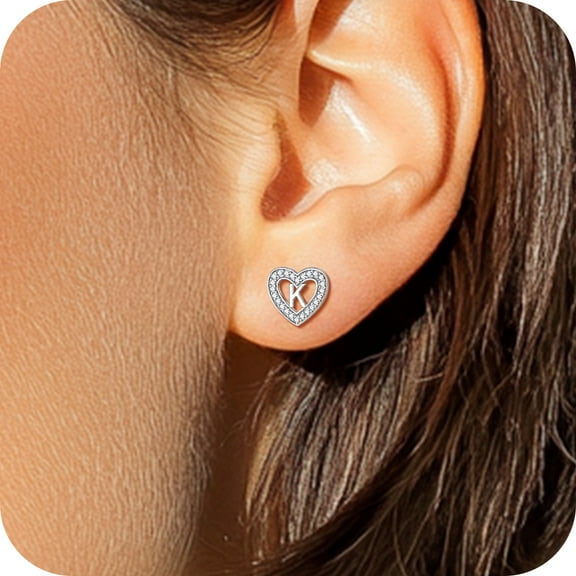 Silvora Letter Sterling Silver Earrings A-Z Initial Earrings Women Cubic Zirconia Heart Studs Gift for Valentines Mothers Day