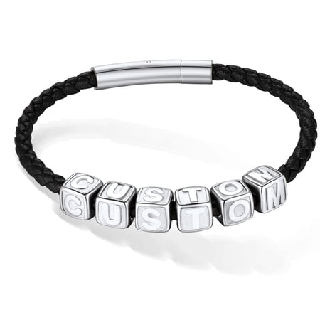 Silvora Personalized Initial Leather Cord Bracelets for Women Stainless Steel Silver Cube Beads Custom Letter Wrist Band 7.5" Alphabet Jewelry Gifts for Daughter Birthday Christmas - 1 Letter