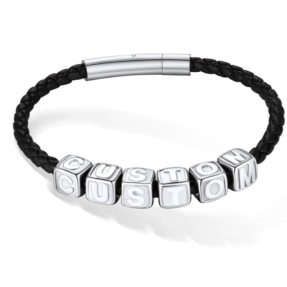 Silvora Personalized Initial Leather Cord Bracelets for Women Stainless Steel Silver Cube Beads Custom Letter Wrist Band 7.5" Alphabet Jewelry Gifts for Daughter Birthday Christmas - 1 Letter