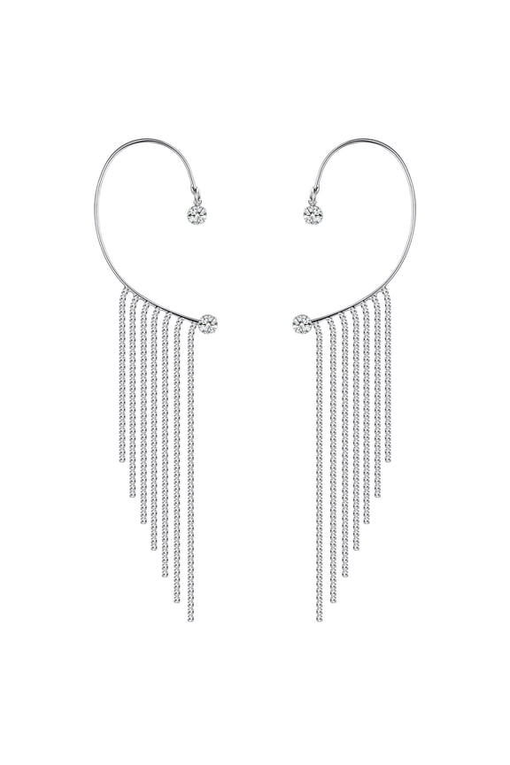 Rhinestone Ear Cuffs for Women Sparkly Cartilage Ear Wrap Long Silver Crystal Tassel Non-Pierced Cuff Earrings for Prom Wedding Evening Party