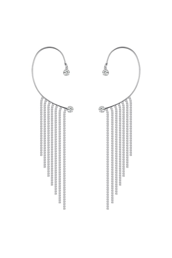 Rhinestone Ear Cuffs for Women Sparkly Cartilage Ear Wrap Long Silver Crystal Tassel Non-Pierced Cuff Earrings for Prom Wedding Evening Party