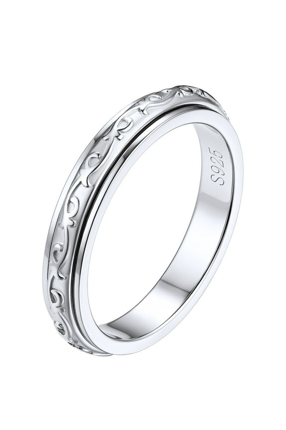 S925 Sterling Silver Fidget Rings Embossed Celtic Spinner Rings Anxiety Stress Relieving Band Gifts for Women, Size 9