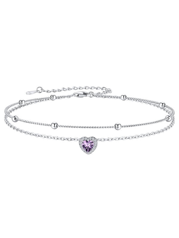 Silvora Silver Birthstone Ankle Bracelets for Women Waterproof Layered Anklets Beaded Chain Adjustable Anklet Heart Gemstone Ladies Jewelry Gifts, February