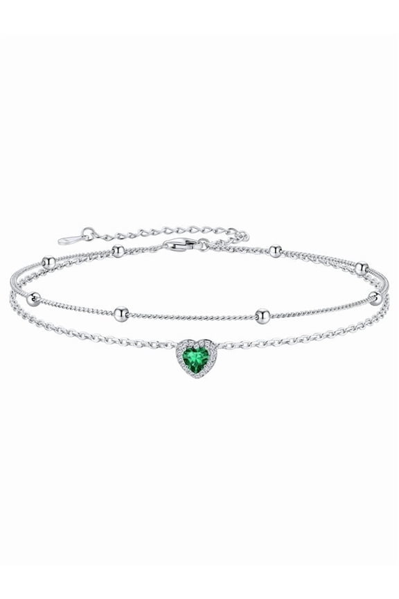 Silver Double Layered Birthstone Ankle Bracelets for Women Heart Gemstone Waterproof Beaded Chain Adjustable Anklets Summer Trendy Jewelry, May