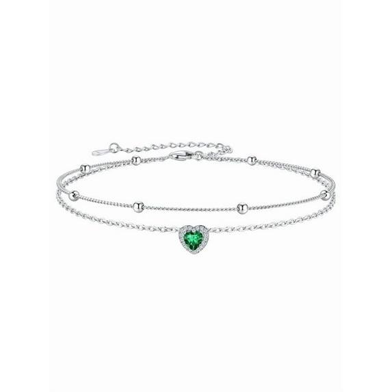 Silvora Silver Double Layered Birthstone Ankle Bracelets for Women Heart Gemstone Waterproof Beaded Chain Adjustable Anklets Summer Trendy Jewelry, May