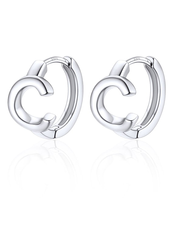 Silver Initial Huggie Hoop Earrings for Women Platinum Plated Letter C Earrings, Personalized Hypoallergenic Alphabet Jewelry Gifts for Girlfriend Valentines