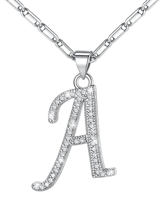 Silver Initial Necklace for Women CZ Crystal Personalized Letter A Pendant Necklace Shiny Dainty Jewelry Gifts for Daughter Mom Girlfriend Birthday Christmas