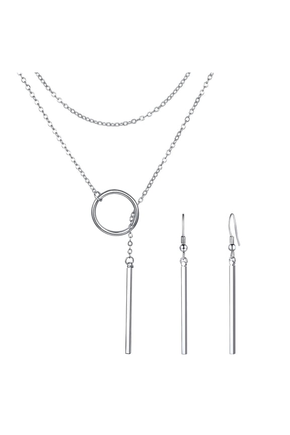Silver Lariat Necklaces Earrings Set for Women Drop Bar Pendant Y-Necklaces Adjustable Long Chain with Vertical Bar Earrings Elegant Jewelry Gifts for Granddaughter Sister Christmas