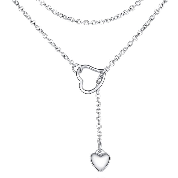 Silvora Silver Lariat Necklaces for Women Trendy Drop Heart Pendant Y-Necklaces Stainless Steel Long Chain Elegant Jewelry Gifts for Granddaughter Sister Christmas