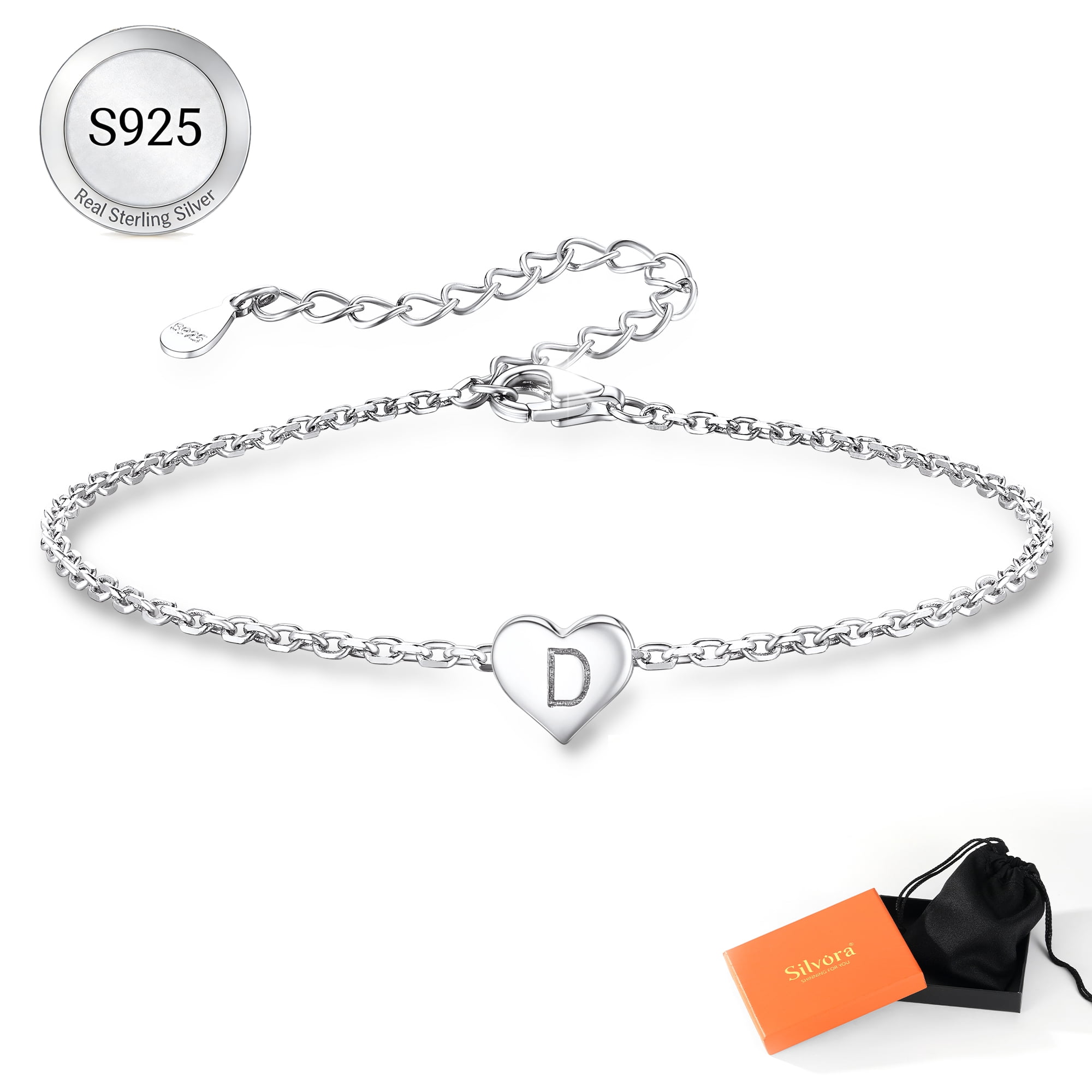 Silvora Silver Letter D Bracelet for Women Sterling Silver Heart Jewelry Initial Capital Bracelet Jewelry Gift for Granddaughter Christmas