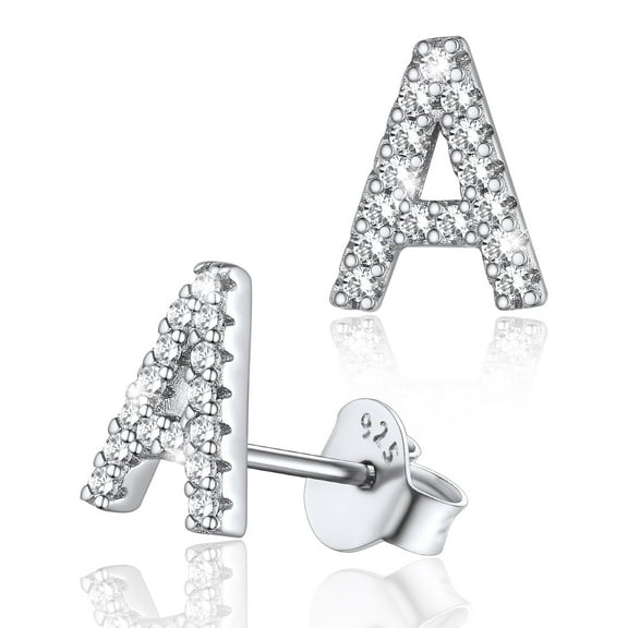 Silvora Sterling Silver Initial Stud Earrings for Women CZ Simulated Diamond Fashion Alphabet Letter Earring Birthday Christmas Valentines Jewelry Gift, A