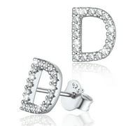 Silvora Sterling Silver Initial Stud Earrings for Women CZ Simulated Diamond Fashion Alphabet Letter Earring Birthday Christmas Valentines Jewelry Gift, D