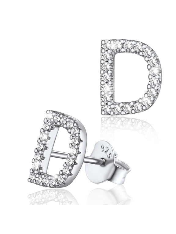 Sterling Silver Initial Stud Earrings for Women CZ Simulated Diamond Fashion Alphabet Letter Earring Birthday Christmas Valentines Jewelry Gift, D