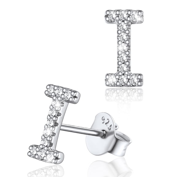 Silvora Sterling Silver Initial Stud Earrings for Women CZ Simulated Diamond Fashion Alphabet Letter Earring Birthday Christmas Valentines Jewelry Gift, I
