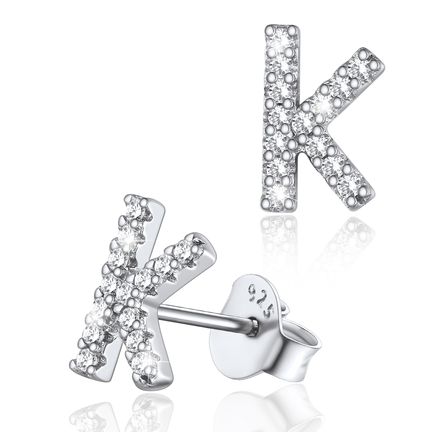 Silvora Sterling Silver Initial Stud Earrings for Women CZ Simulated Diamond Fashion Alphabet Letter Earring Birthday Christmas Valentines Jewelry Gift, K