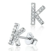 SILVORA Sterling Silver Initial Stud Earrings for Women CZ Simulated Diamond Fashion Alphabet Letter Earring Birthday Christmas Valentines Jewelry Gift, K