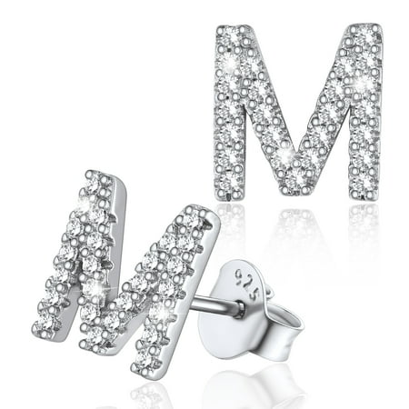 Silvora Sterling Silver Initial Stud Earrings for Women CZ Simulated Diamond Fashion Alphabet Letter Earring Birthday Christmas Valentines Jewelry Gift, M